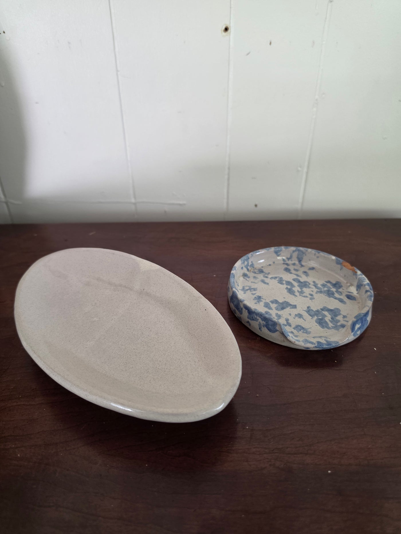 Off-White Stoneware Oval Tray & Blue Sponge-Ware Ceramic Spoon Rest