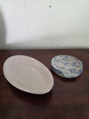 Off-White Stoneware Oval Tray & Blue Sponge-Ware Ceramic Spoon Rest