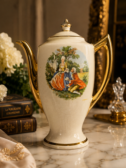 Vtg Courting Couple Ceramic Coffee Pot Gold Trim Fragonard Style Teapot Cream