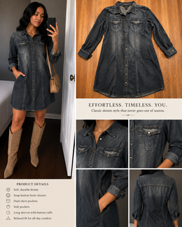 Vintage Calvin Klein Women Large 90's Dark Denim White Wash Snap Button Up Dress