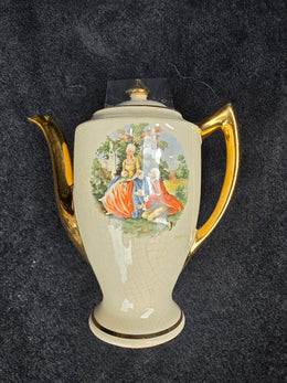 Vtg Courting Couple Ceramic Coffee Pot Gold Trim Fragonard Style Teapot Cream